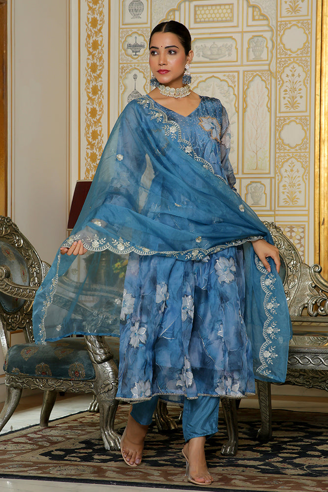 Vaasva Women Blue Embroidered Anarkali Kurta With Solid Pant & Dupatta