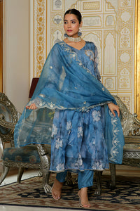 Thumbnail for Vaasva Women Blue Embroidered Anarkali Kurta With Solid Pant & Dupatta