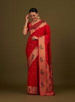 Thumbnail for Monjolika Fashion Red Woven Silk Blend SareeWith Zari Work & Floral Motifs - Distacart