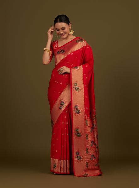 Monjolika Fashion Red Woven Silk Blend SareeWith Zari Work & Floral Motifs - Distacart