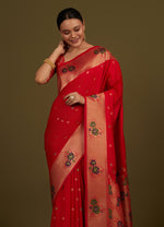 Thumbnail for Monjolika Fashion Red Woven Silk Blend SareeWith Zari Work & Floral Motifs - Distacart
