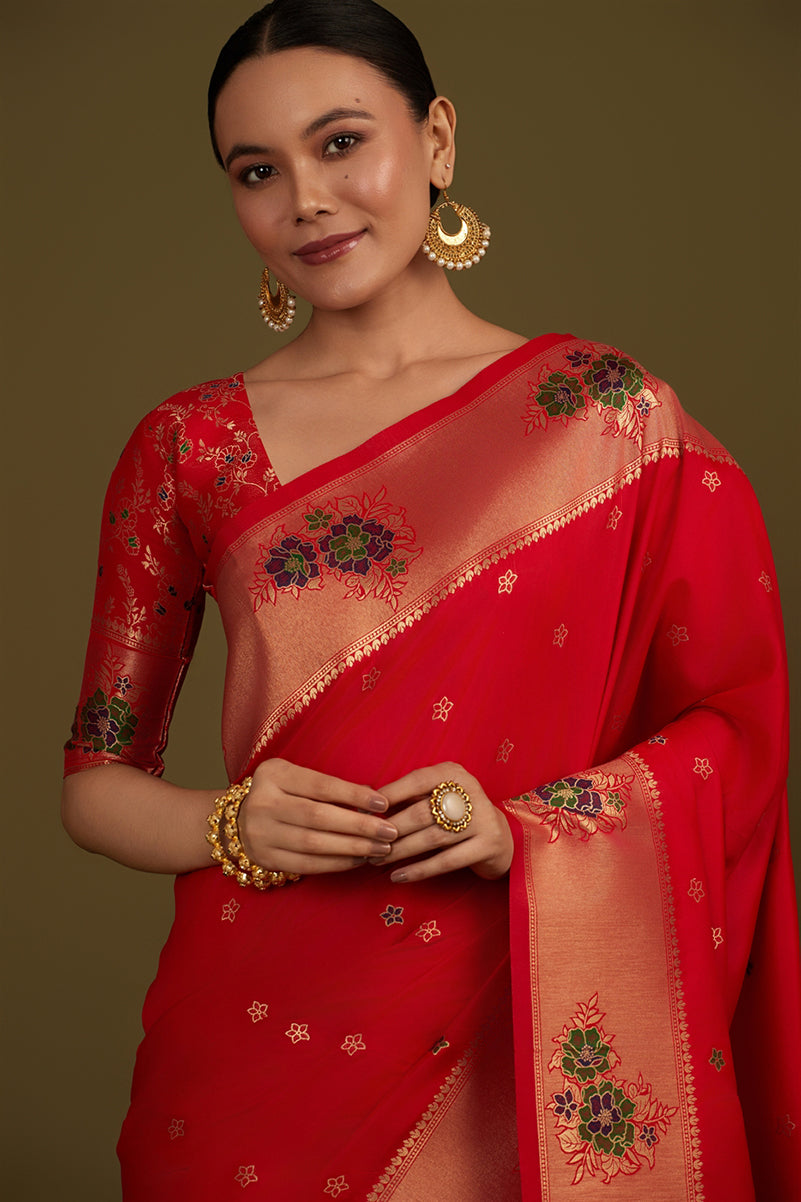 Monjolika Fashion Red Woven Silk Blend SareeWith Zari Work & Floral Motifs - Distacart