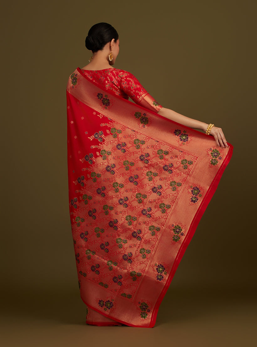 Monjolika Fashion Red Woven Silk Blend SareeWith Zari Work & Floral Motifs - Distacart