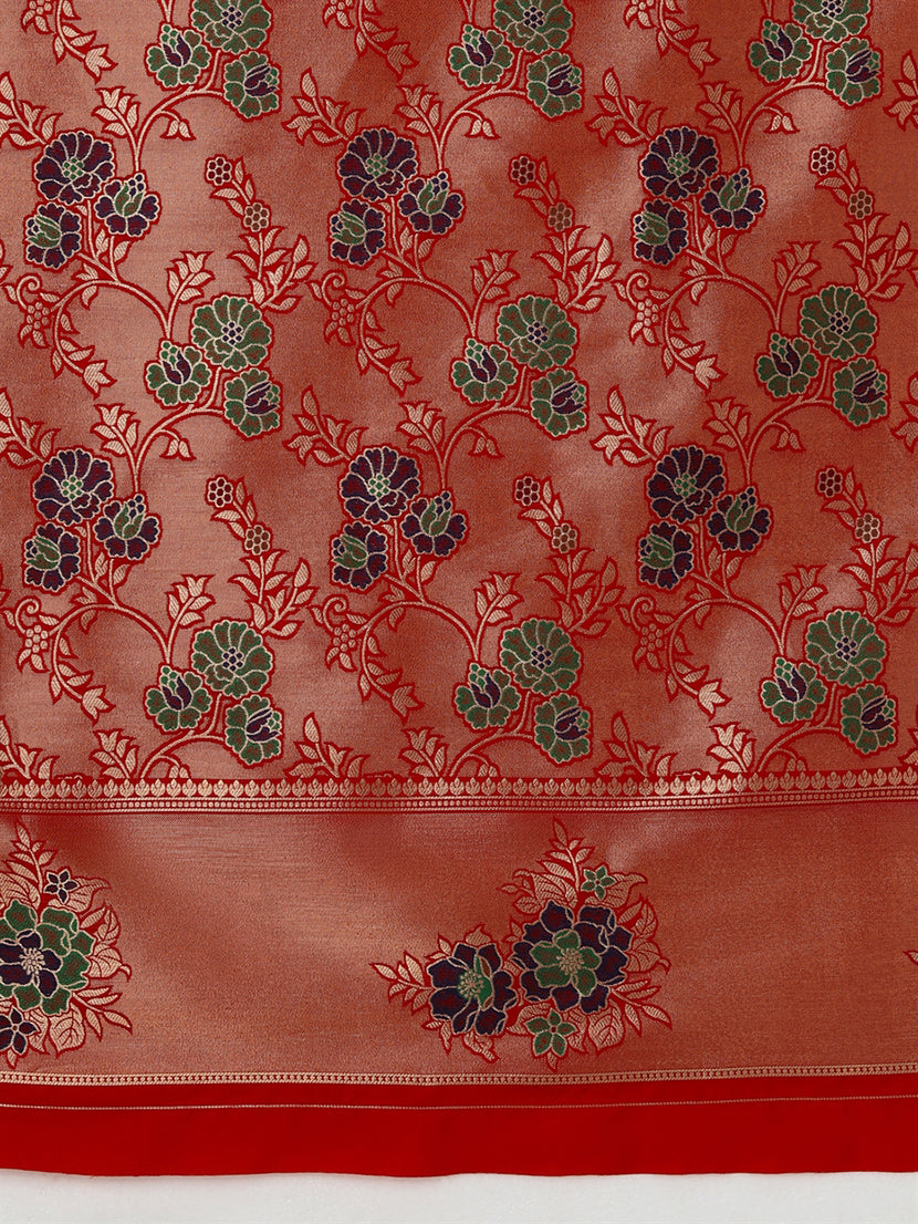 Monjolika Fashion Red Woven Silk Blend SareeWith Zari Work & Floral Motifs - Distacart