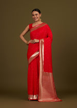 Thumbnail for Monjolika Fashion Red Woven Silk Blend SareeWith Zari Work & Floral Motifs - Distacart