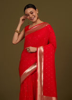 Thumbnail for Monjolika Fashion Red Woven Silk Blend SareeWith Zari Work & Floral Motifs - Distacart