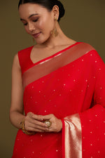 Thumbnail for Monjolika Fashion Red Woven Silk Blend SareeWith Zari Work & Floral Motifs - Distacart