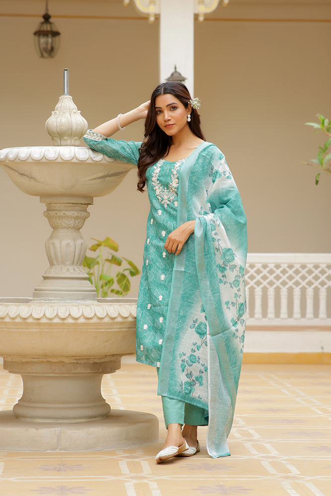 Vaasva Women Green Linen Kurta Embroidered Kurta Set With Solid Pants & Dupatta - Distacart