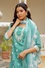 Thumbnail for Vaasva Women Green Linen Kurta Embroidered Kurta Set With Solid Pants & Dupatta - Distacart