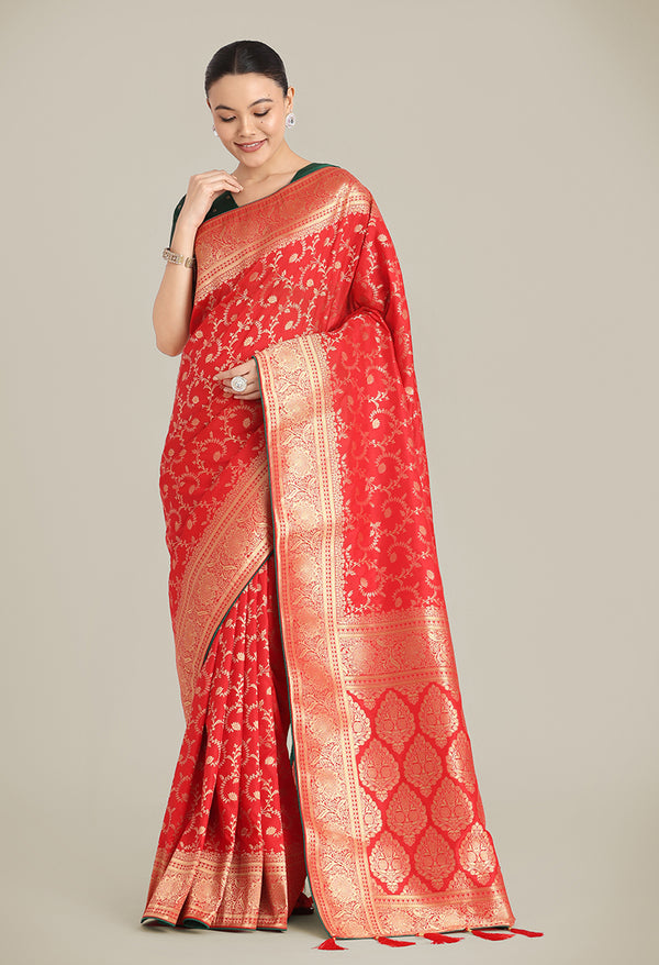 Monjolika Fashion Red Color Banarasi Silk Wedding Collection Saree - Distacart