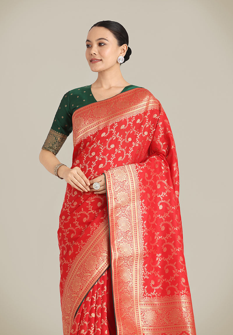 Monjolika Fashion Red Color Banarasi Silk Wedding Collection Saree - Distacart