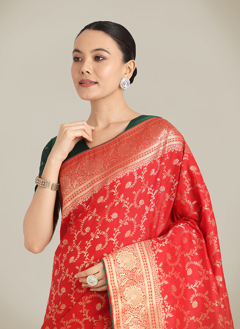 Monjolika Fashion Red Color Banarasi Silk Wedding Collection Saree - Distacart