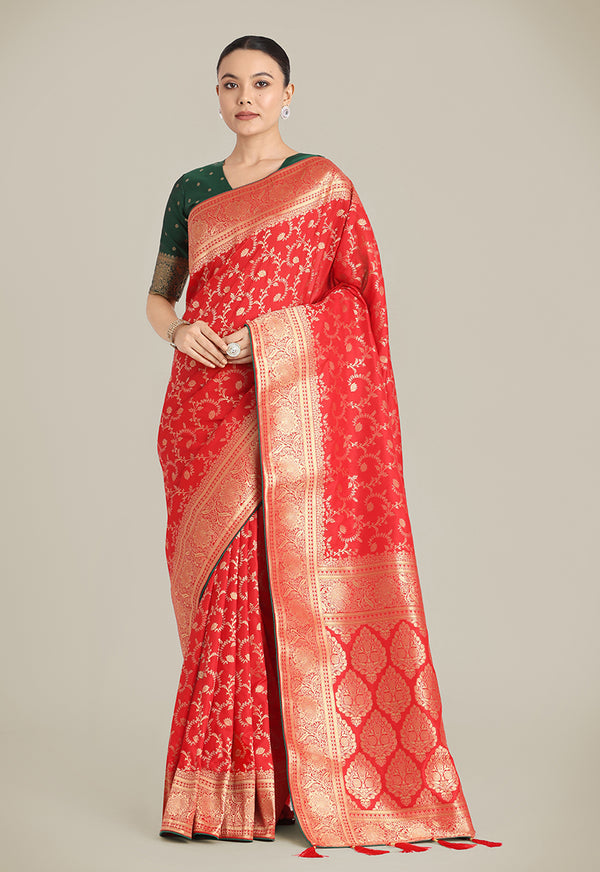 Monjolika Fashion Red Color Banarasi Silk Wedding Collection Saree - Distacart