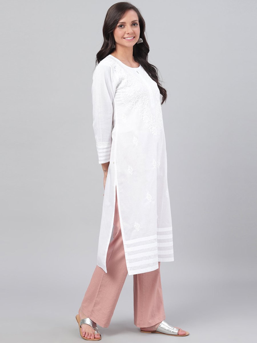 ADA Women White Chikankari Hand-Embroidered Straight Sustainable Handloom Kurta - Distacart