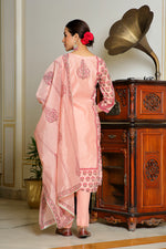 Thumbnail for Vaasva Women Orange Chanderi Block Printed Embroidered Kurta Set With Solid Pants & Dupatta - Distacart