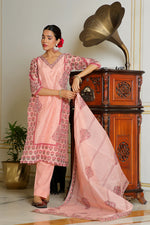 Thumbnail for Vaasva Women Orange Chanderi Block Printed Embroidered Kurta Set With Solid Pants & Dupatta - Distacart