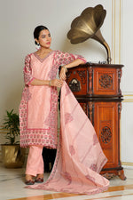Thumbnail for Vaasva Women Orange Chanderi Block Printed Embroidered Kurta Set With Solid Pants & Dupatta - Distacart