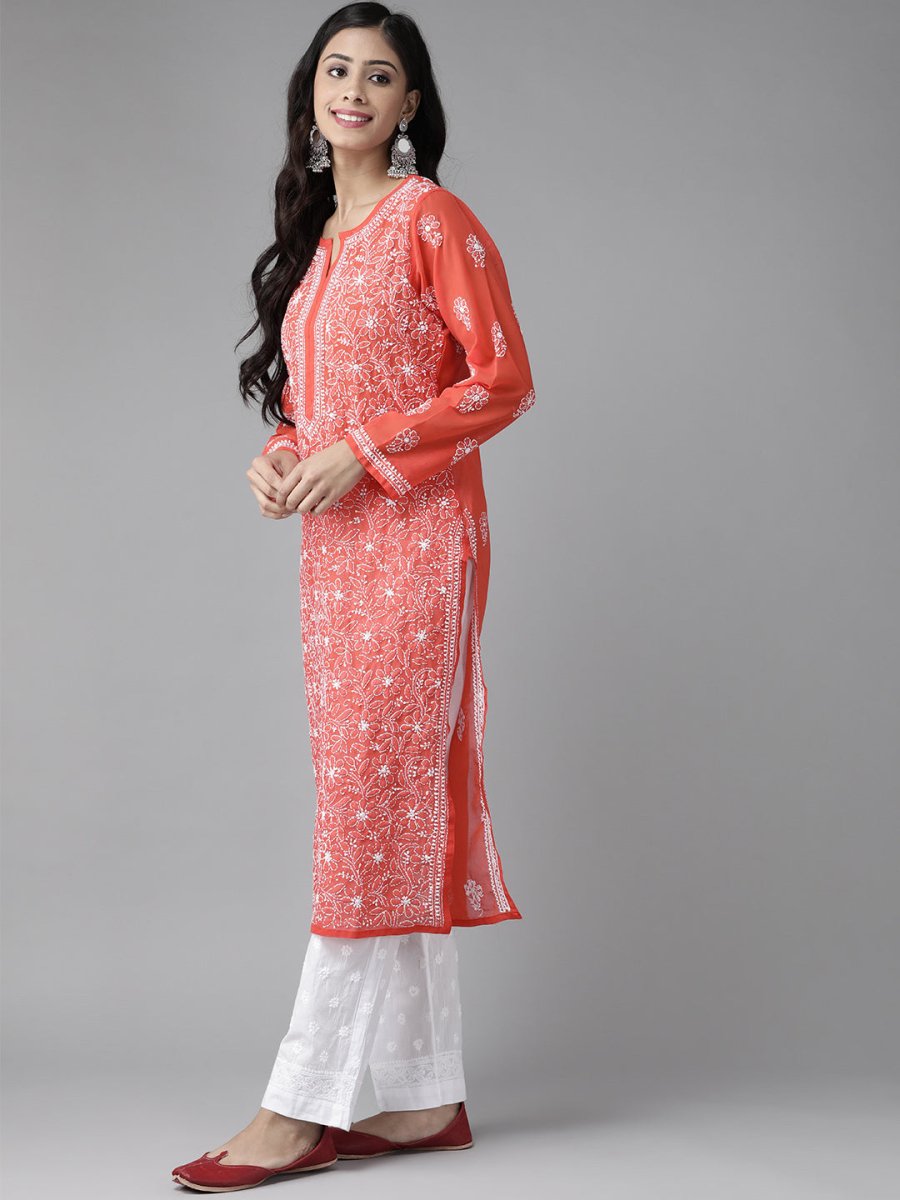 ADA Women Red & White Sustainable Hand Embroidered Chikankari Handloom Kurta with Palazzos - Distacart
