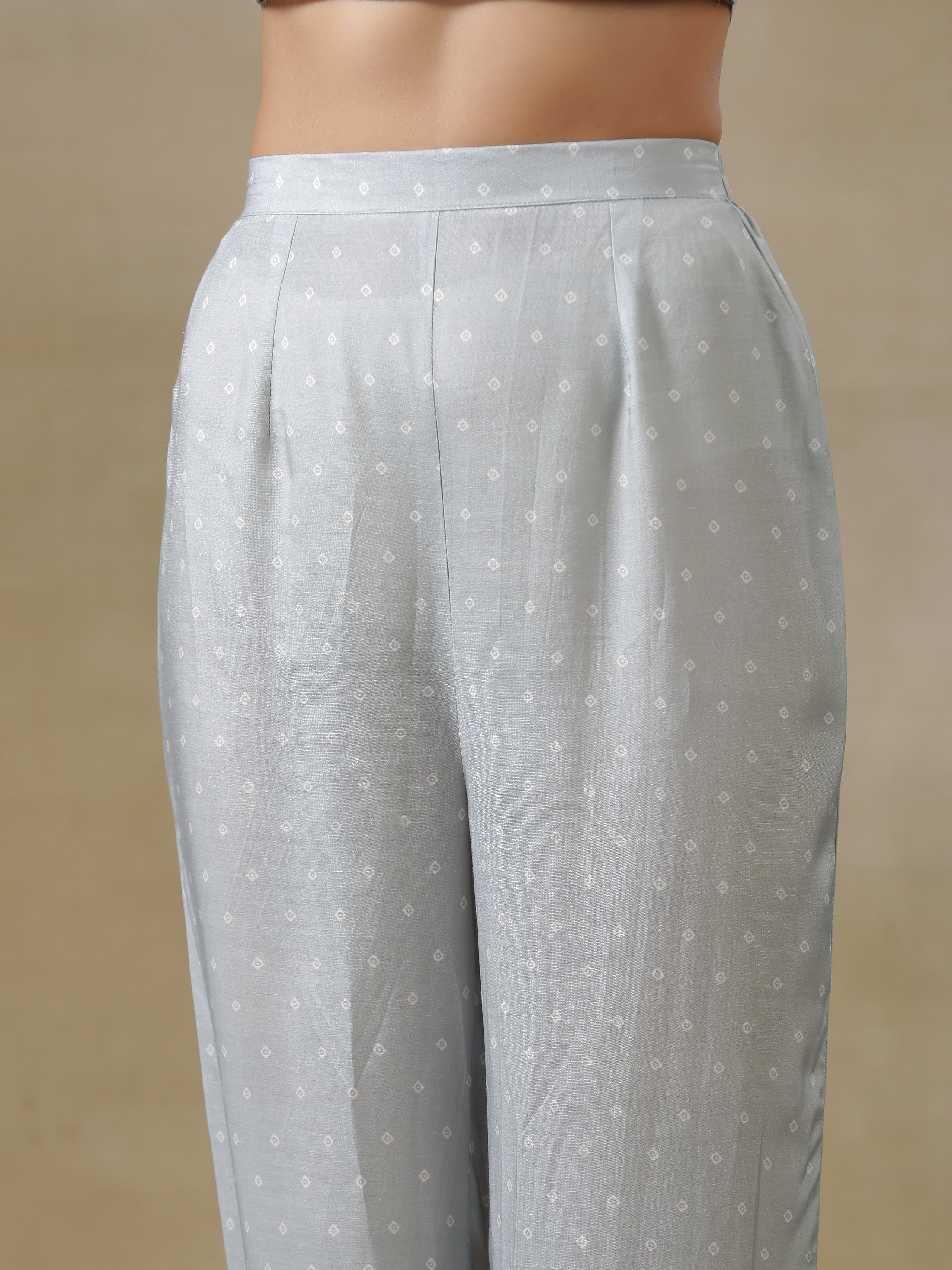 trueBrowns Grey Bandhani Printed Silk Overlay Jacket Blouse Pant Set - Distacart