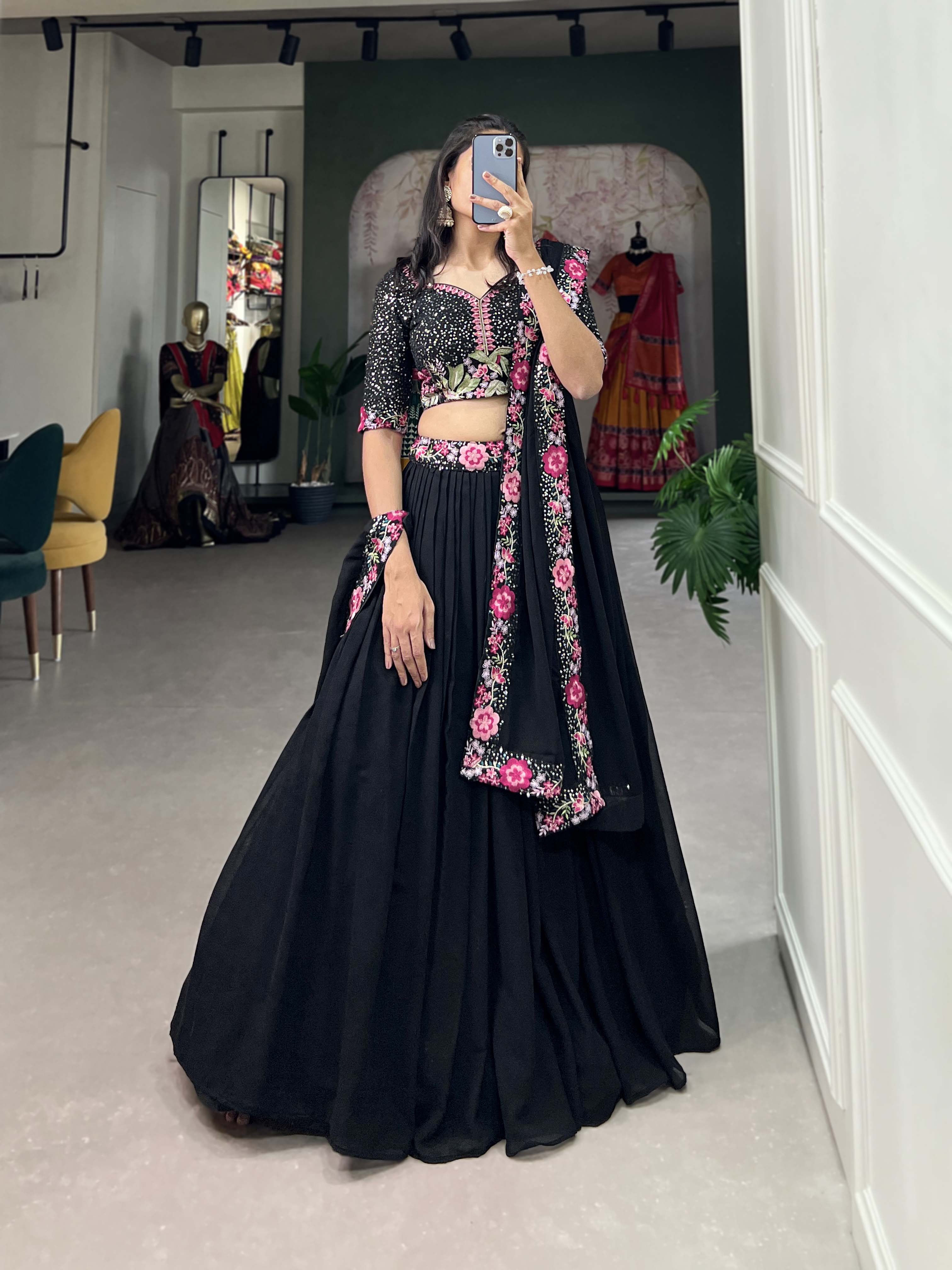 Lorenvalley Black Georgette Plain with Sequins and Thread Embroidery Work Belt Lehenga Choli with Dupatta - Distacart