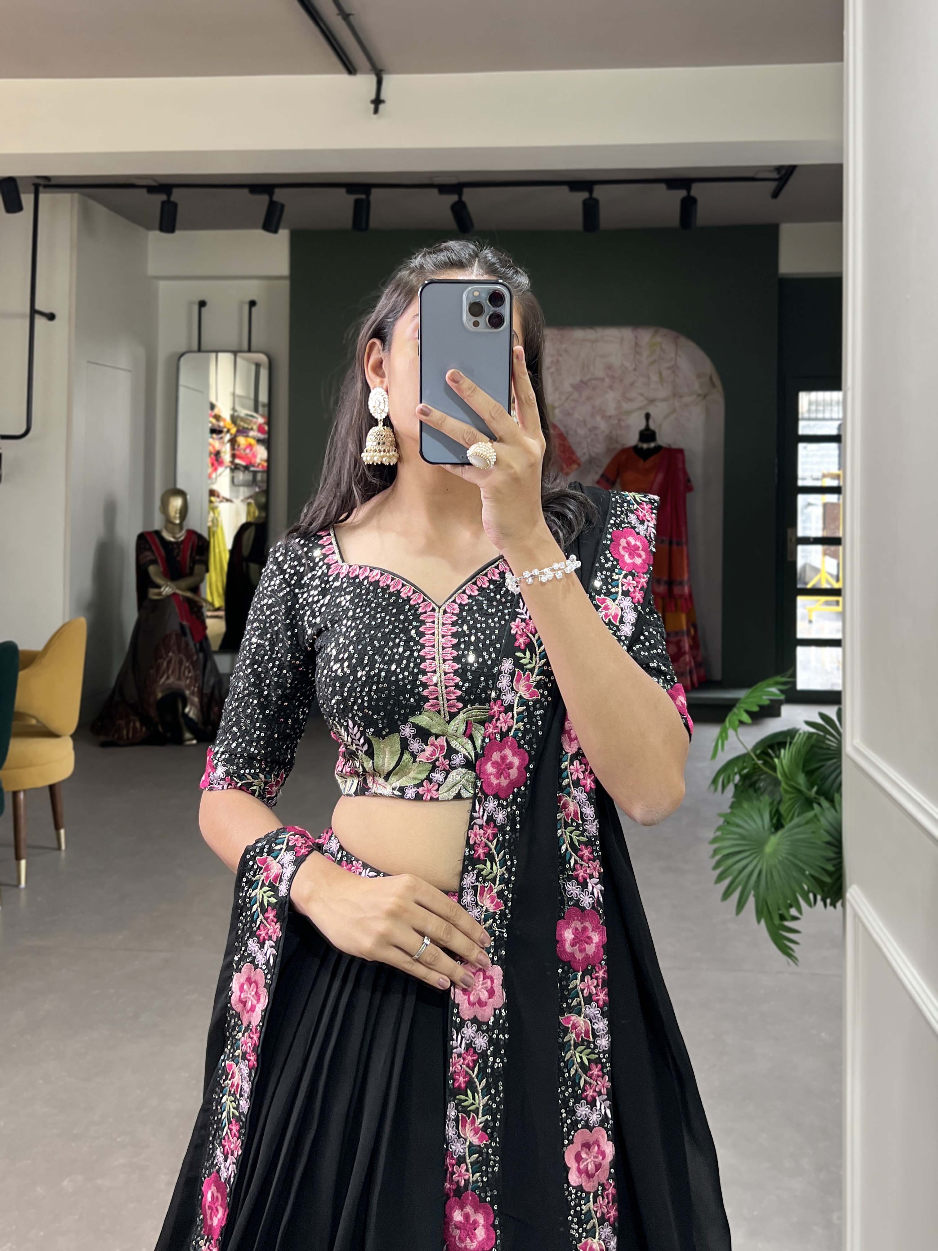 Lorenvalley Black Georgette Plain with Sequins and Thread Embroidery Work Belt Lehenga Choli with Dupatta - Distacart