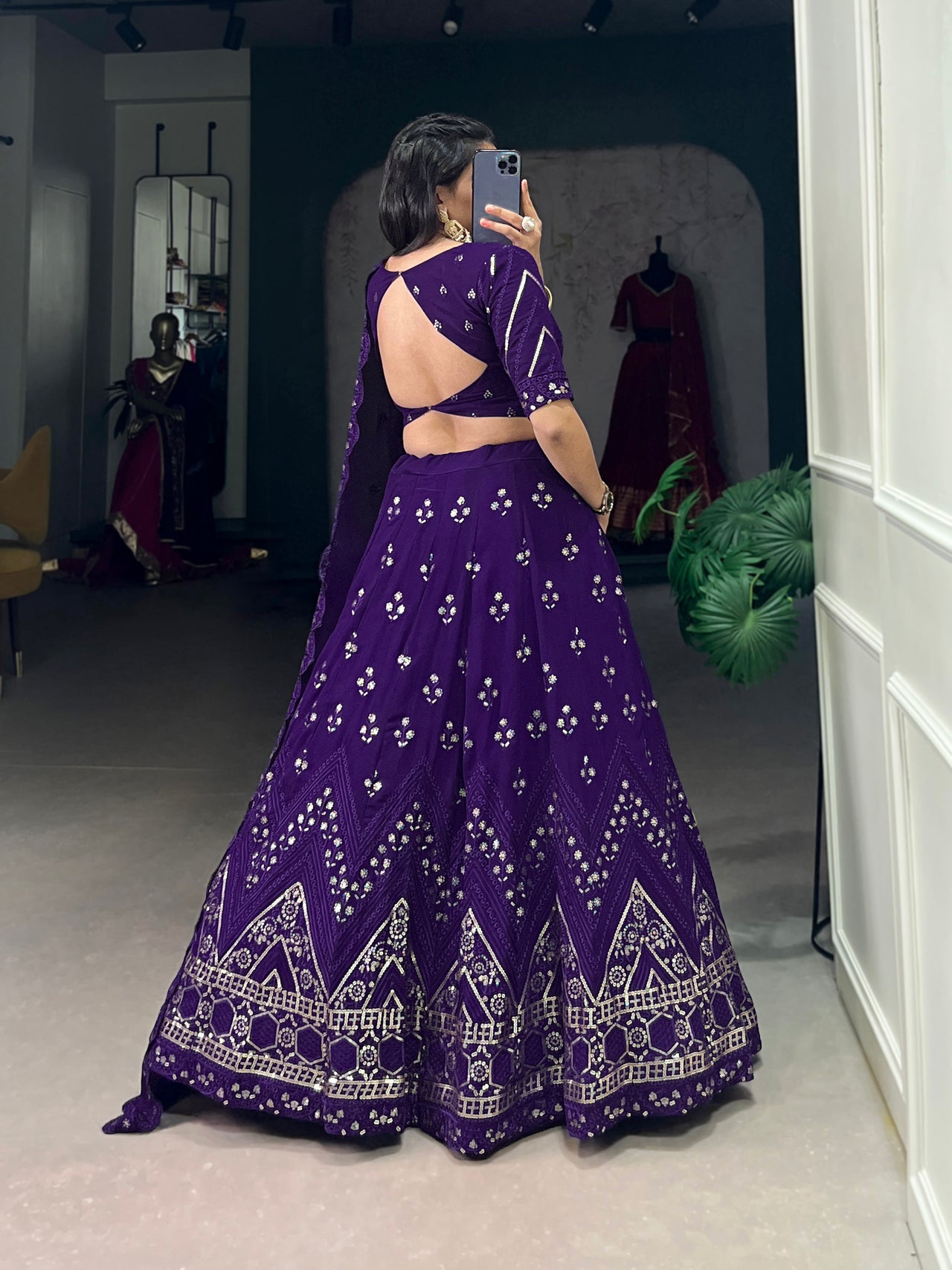 Lorenvalley Purple Georgette Sequins and Thread Embroidery Work Lehenga Choli