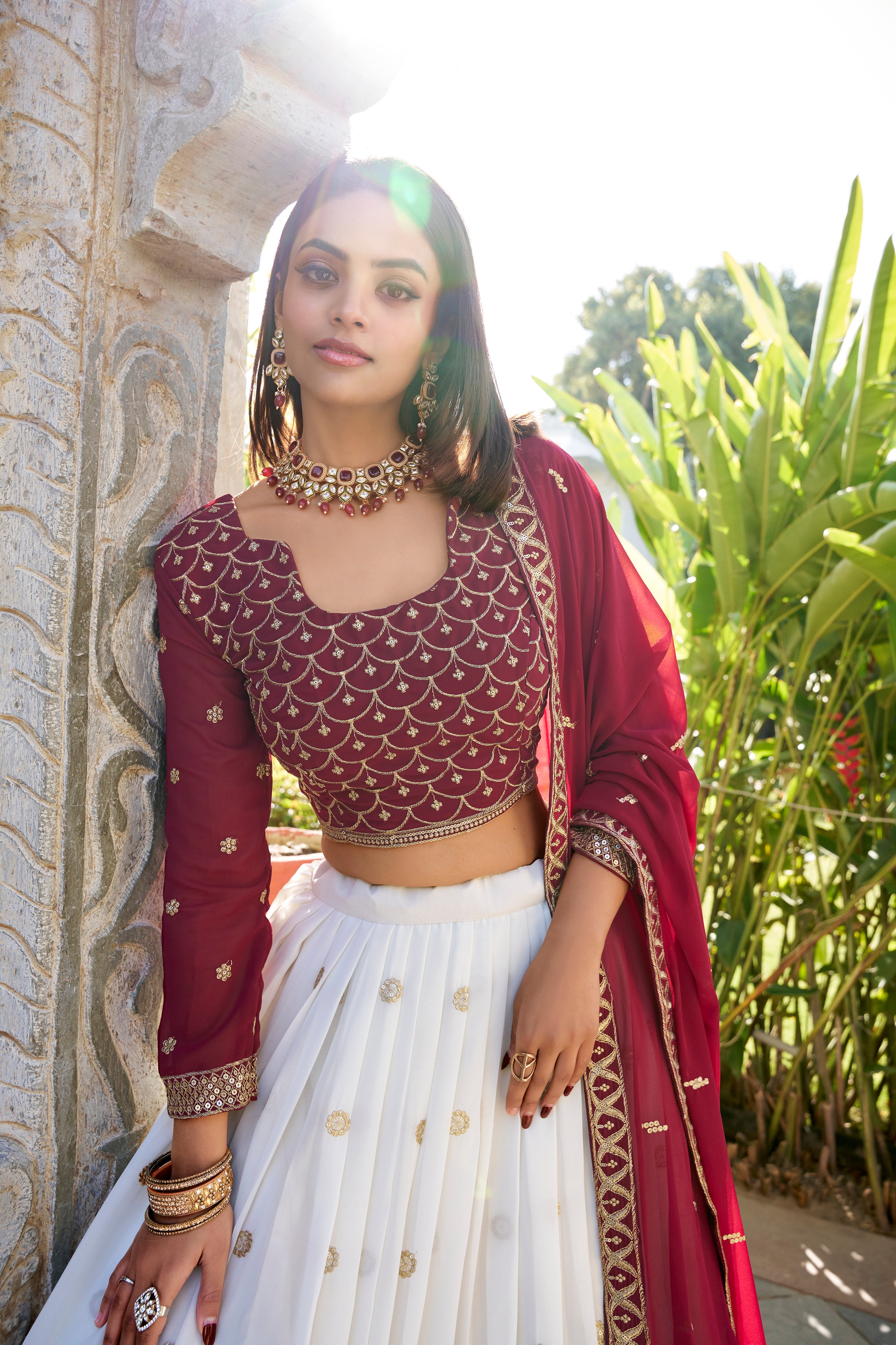 Lorenvalley White Georgette Sequins and Thread Embroidery Work With Lace Touch Up Lehenga Choli with Dupatta