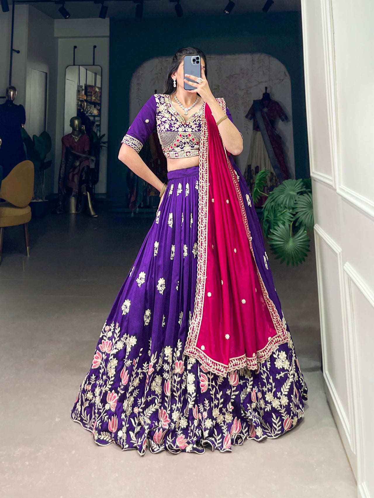Lorenvalley Purple Vichitra Silk Sequins and Thread Embroidery Work Lehenga Choli