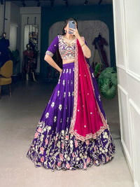 Thumbnail for Lorenvalley Purple Vichitra Silk Sequins and Thread Embroidery Work Lehenga Choli
