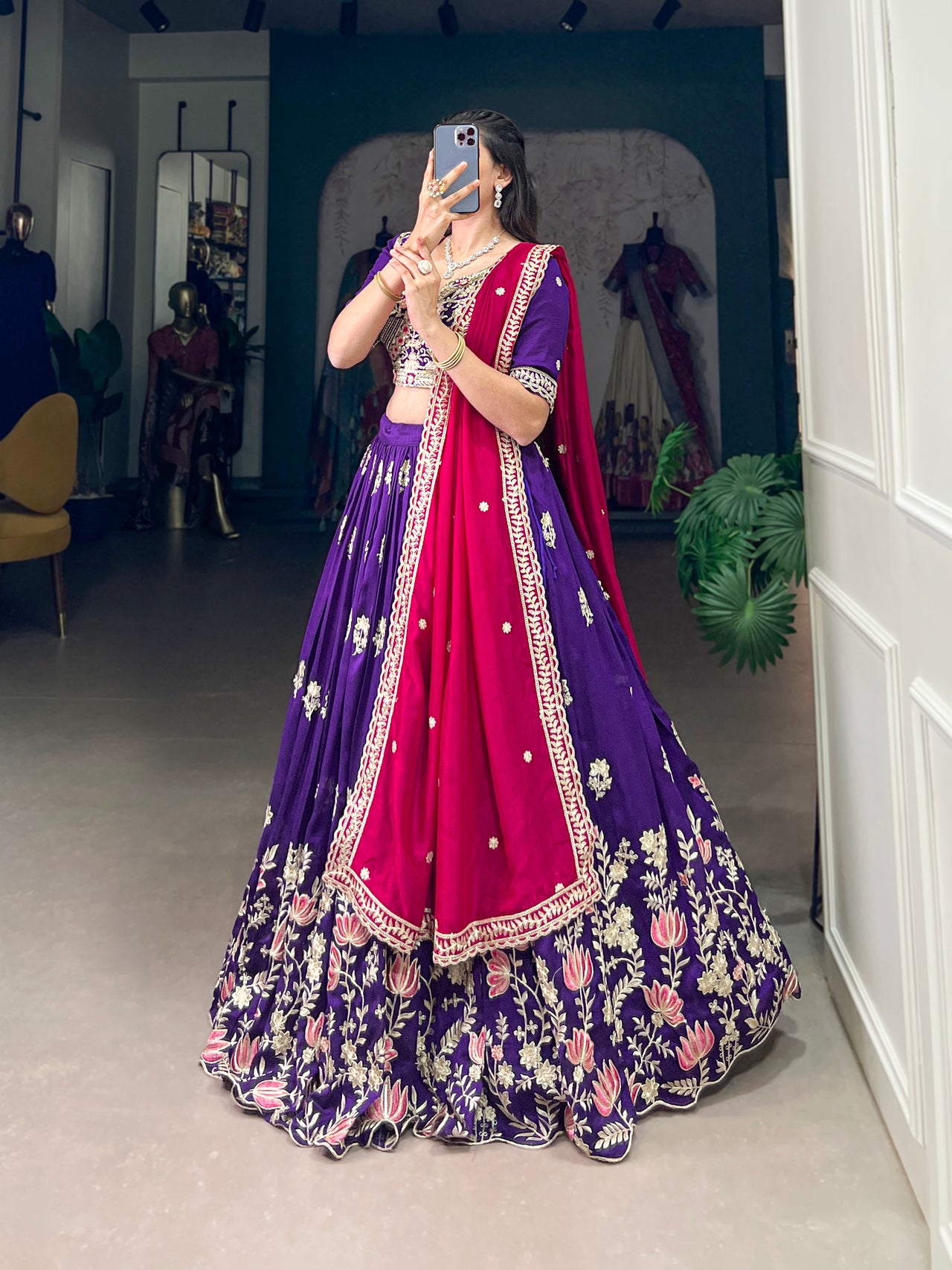 Lorenvalley Purple Vichitra Silk Sequins and Thread Embroidery Work Lehenga Choli
