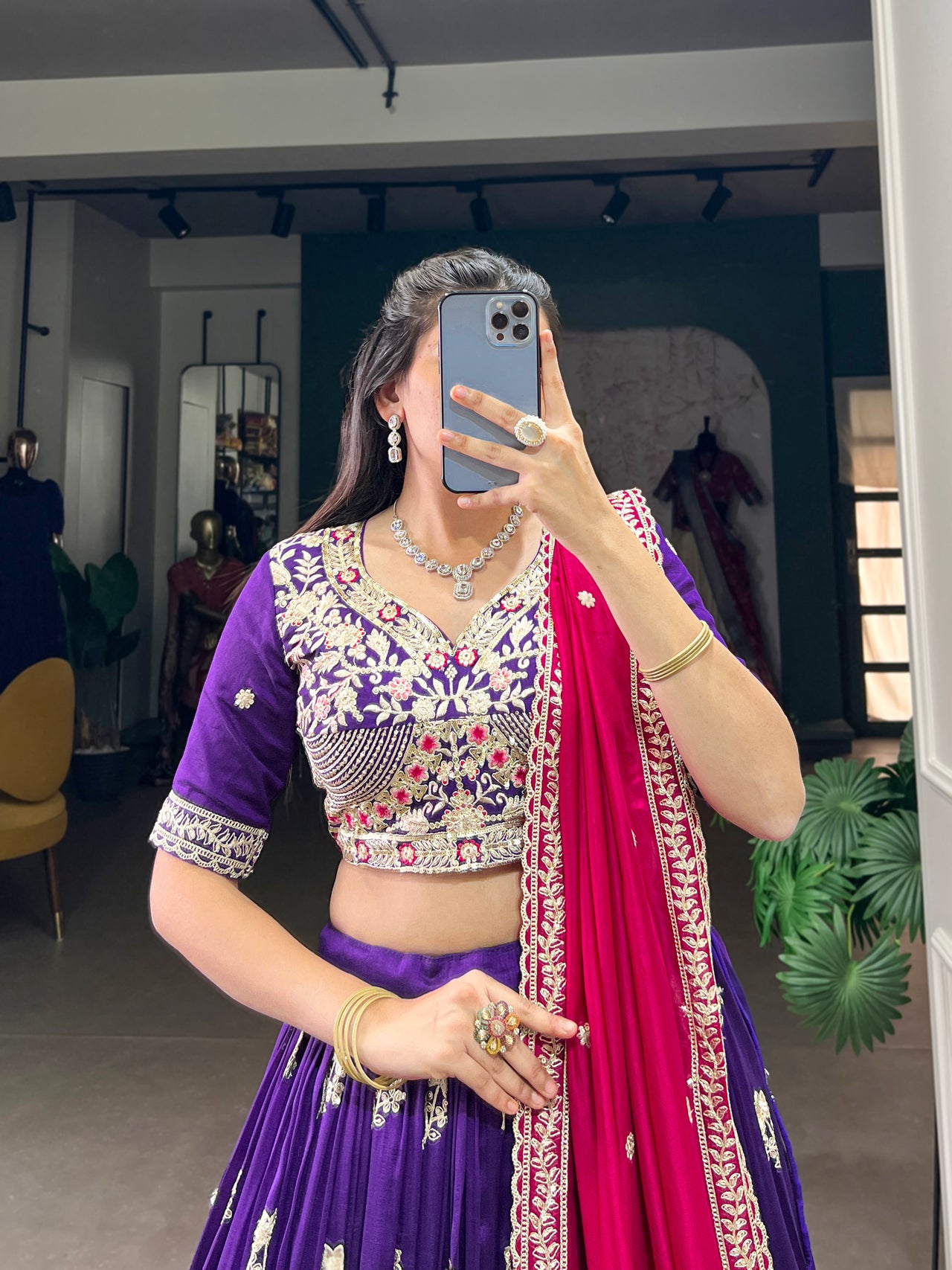 Lorenvalley Purple Vichitra Silk Sequins and Thread Embroidery Work Lehenga Choli