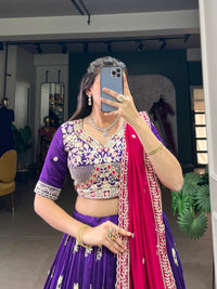 Thumbnail for Lorenvalley Purple Vichitra Silk Sequins and Thread Embroidery Work Lehenga Choli