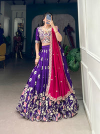 Thumbnail for Lorenvalley Purple Vichitra Silk Sequins and Thread Embroidery Work Lehenga Choli