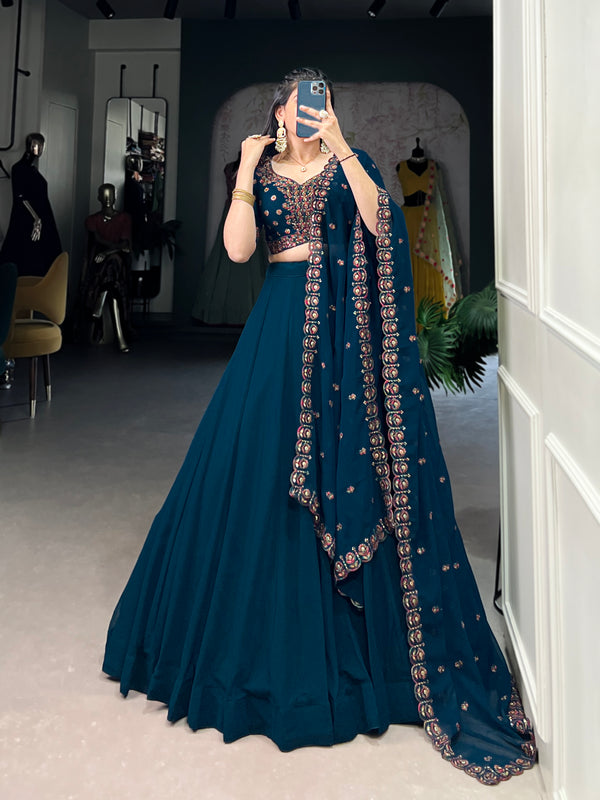 Lorenvalley Teal Georgette Plain Lehenga with Sequins and Thread Embroidery work Choli with Dupatta - Distacart