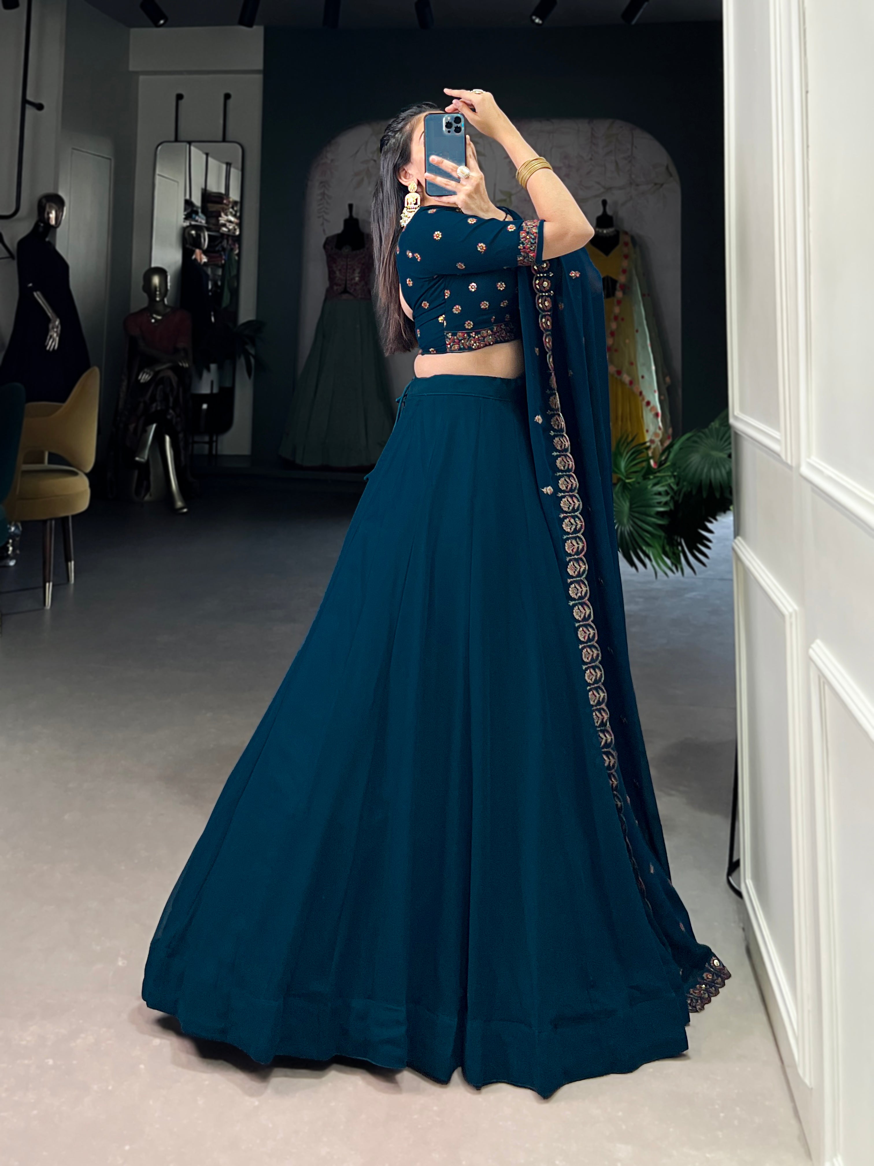 Lorenvalley Teal Georgette Plain Lehenga with Sequins and Thread Embroidery work Choli with Dupatta - Distacart