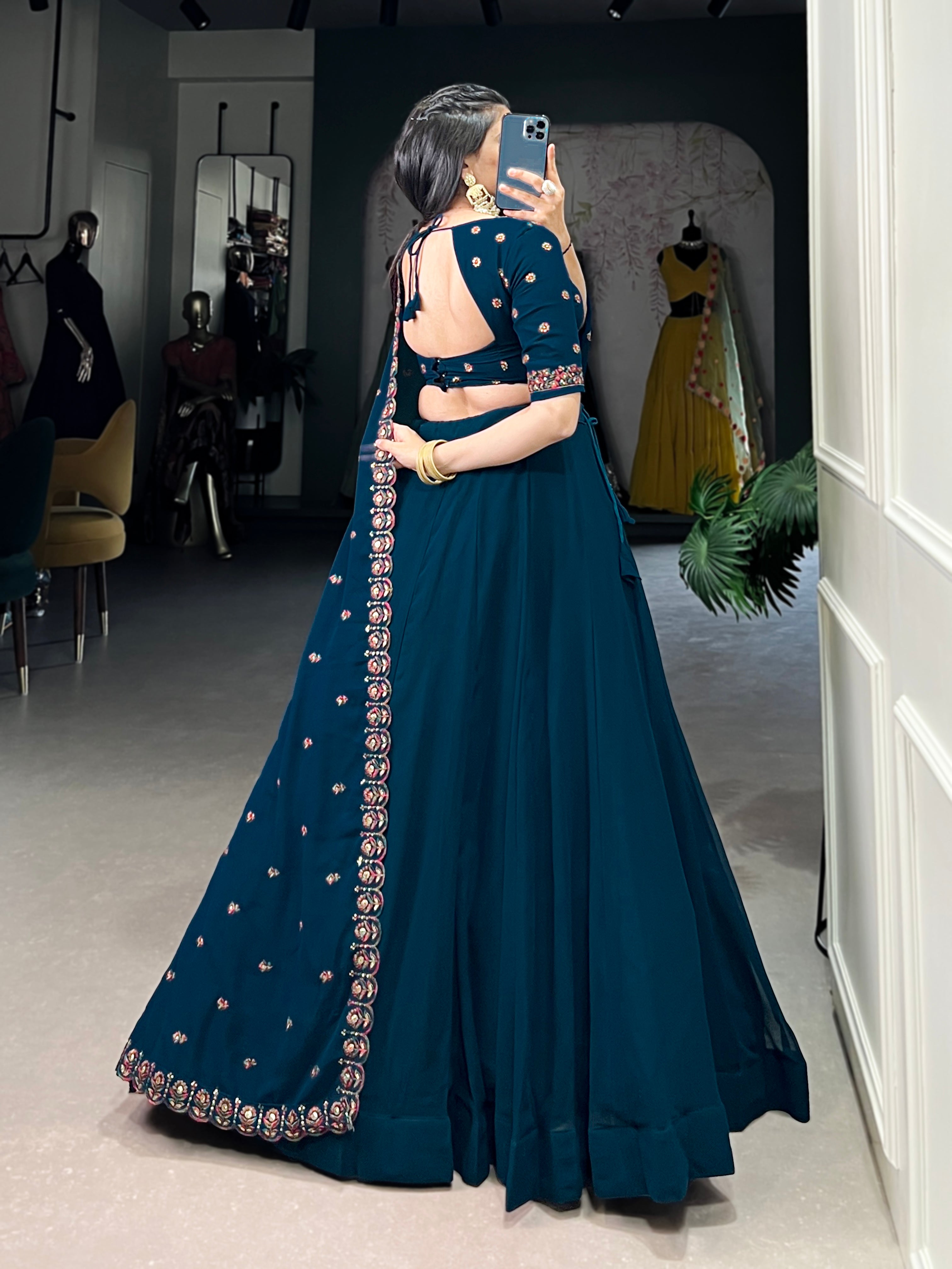 Lorenvalley Teal Georgette Plain Lehenga with Sequins and Thread Embroidery work Choli with Dupatta - Distacart