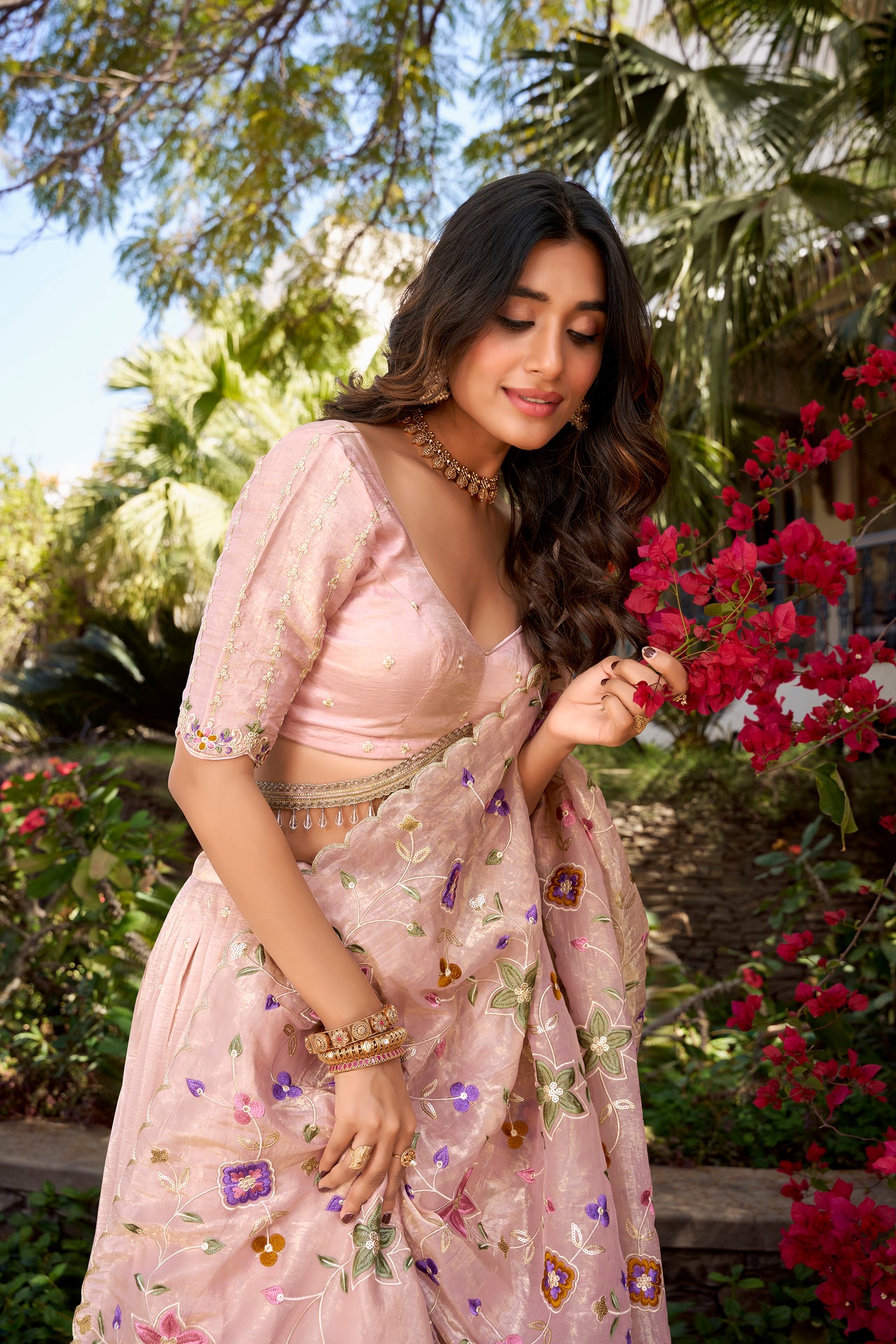 Lorenvalley Light Pink Gold Crush Fabric Sequins and Thread Embroidery All Over Butties Work Lehenga choli