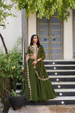 Thumbnail for Lorenvalley Mehendi Georgette Plain Lehenga with Sequins and Thread Embroidery Work Choli Dupatta - Distacart
