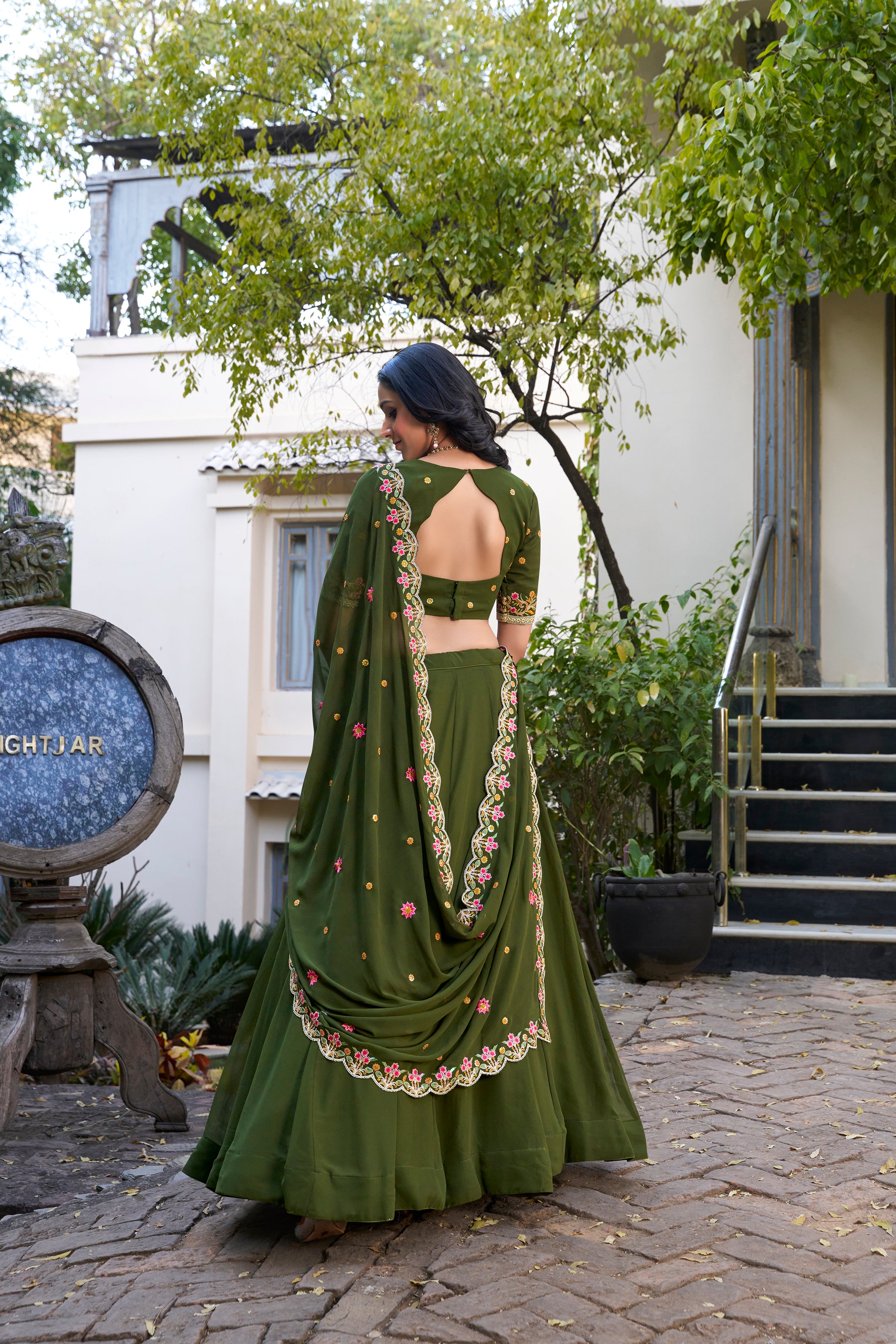 Lorenvalley Mehendi Georgette Plain Lehenga with Sequins and Thread Embroidery Work Choli Dupatta - Distacart