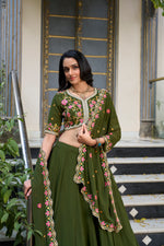 Thumbnail for Lorenvalley Mehendi Georgette Plain Lehenga with Sequins and Thread Embroidery Work Choli Dupatta - Distacart