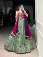 Thumbnail for Lorenvalley Seagreen Vichitra Silk Plain With Sequins and Thread Embroidery Work Belt Lehenga Choli - Distacart