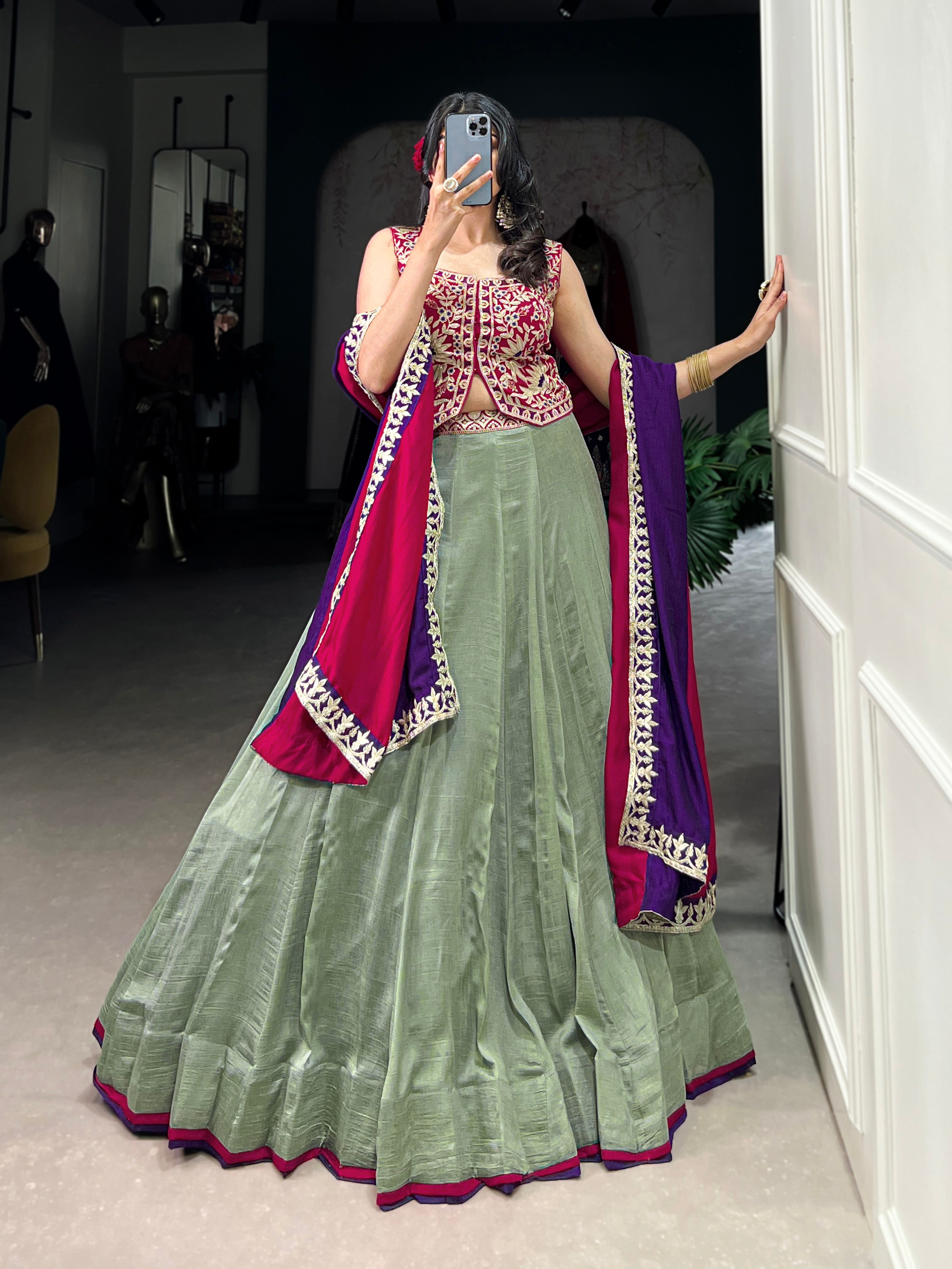 Lorenvalley Seagreen Vichitra Silk Plain With Sequins and Thread Embroidery Work Belt Lehenga Choli - Distacart