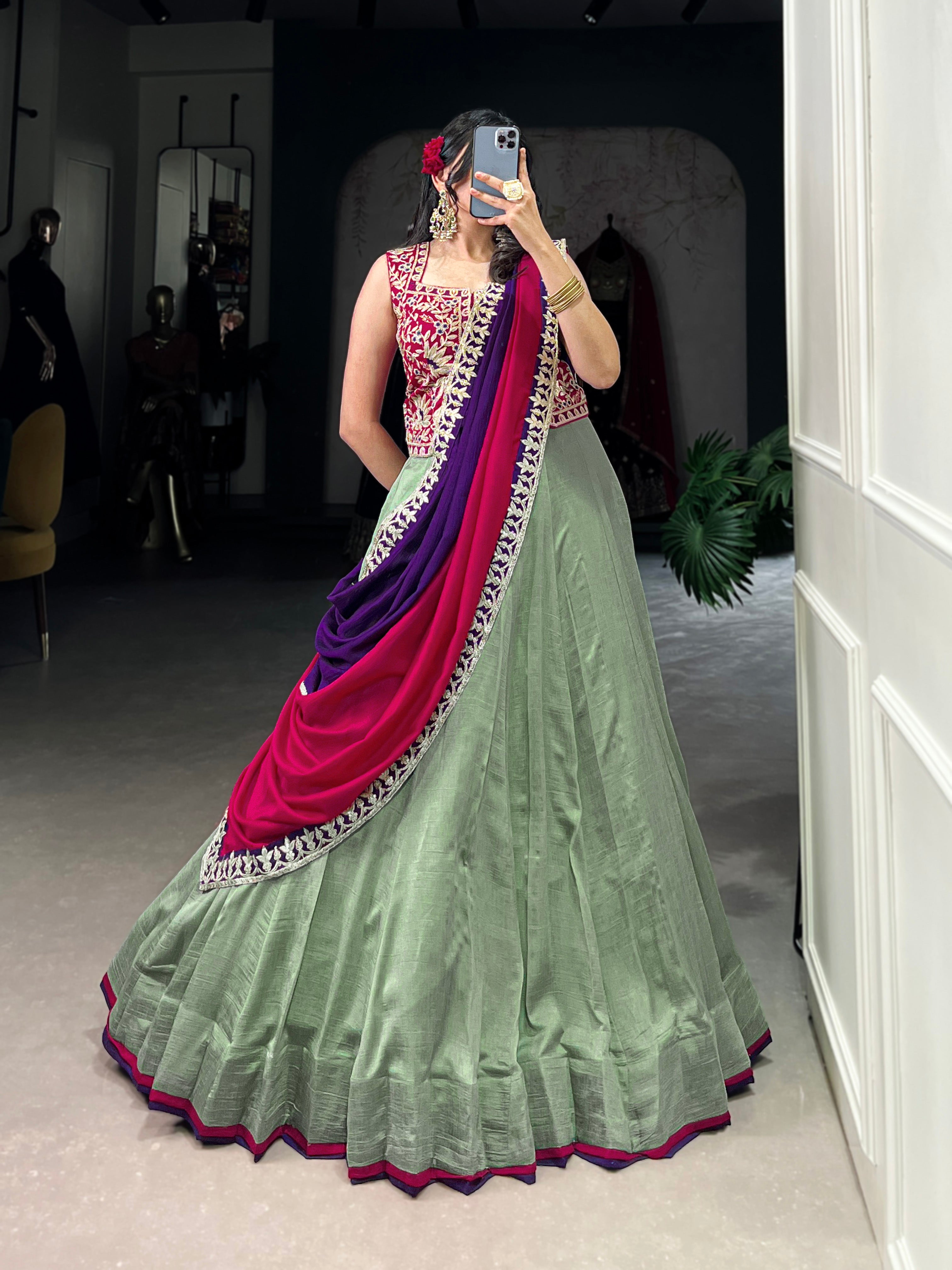 Lorenvalley Seagreen Vichitra Silk Plain With Sequins and Thread Embroidery Work Belt Lehenga Choli - Distacart