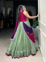 Thumbnail for Lorenvalley Seagreen Vichitra Silk Plain With Sequins and Thread Embroidery Work Belt Lehenga Choli - Distacart