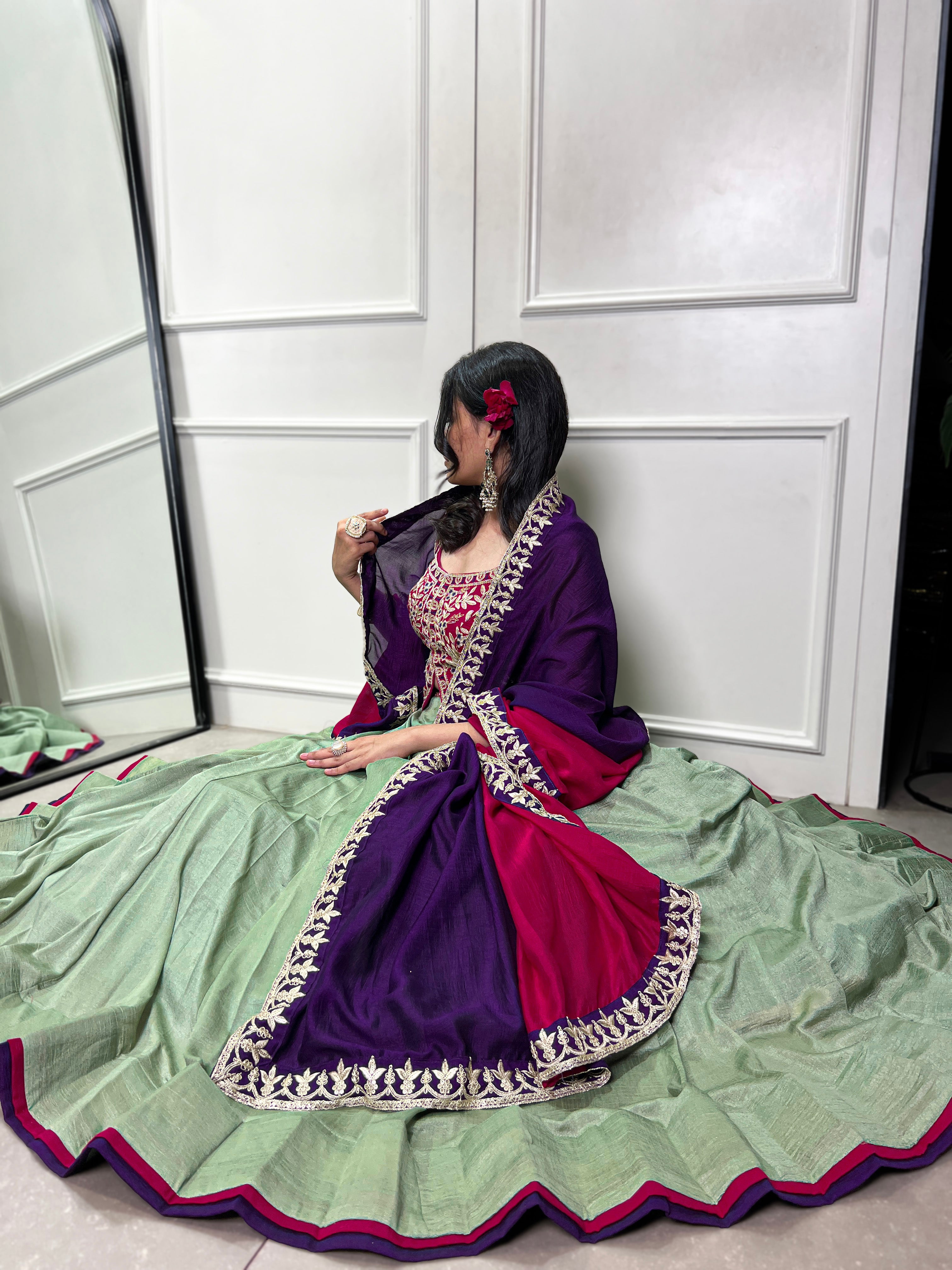 Lorenvalley Seagreen Vichitra Silk Plain With Sequins and Thread Embroidery Work Belt Lehenga Choli - Distacart