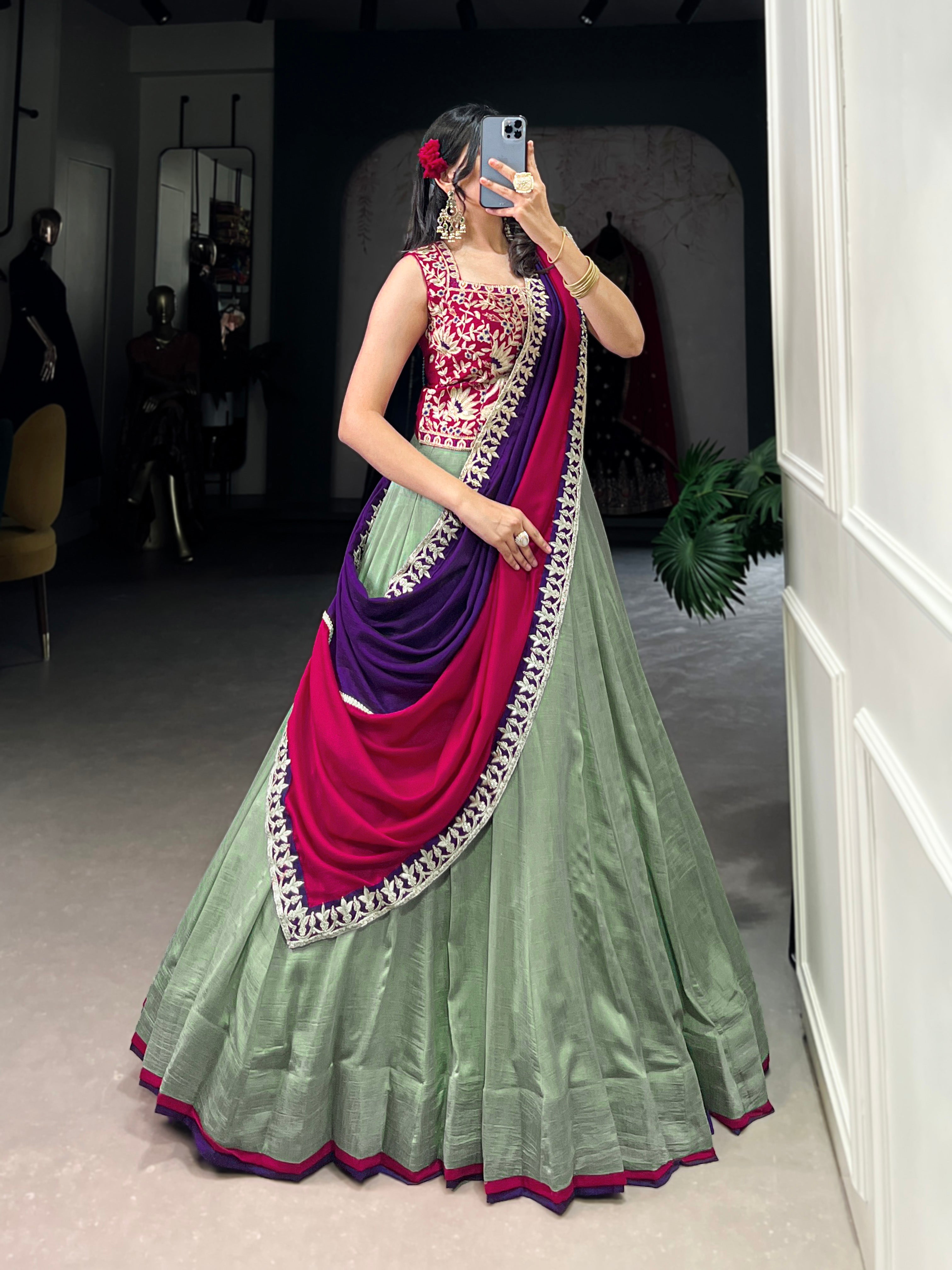 Lorenvalley Seagreen Vichitra Silk Plain With Sequins and Thread Embroidery Work Belt Lehenga Choli - Distacart