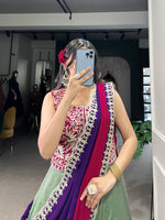Thumbnail for Lorenvalley Seagreen Vichitra Silk Plain With Sequins and Thread Embroidery Work Belt Lehenga Choli - Distacart