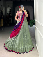 Thumbnail for Lorenvalley Seagreen Vichitra Silk Plain With Sequins and Thread Embroidery Work Belt Lehenga Choli - Distacart
