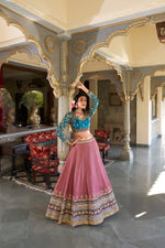 Thumbnail for Lorenvalley Peach Moonga Silk Sequins and Thread Embroidery Work Lehenga Choli - Distacart