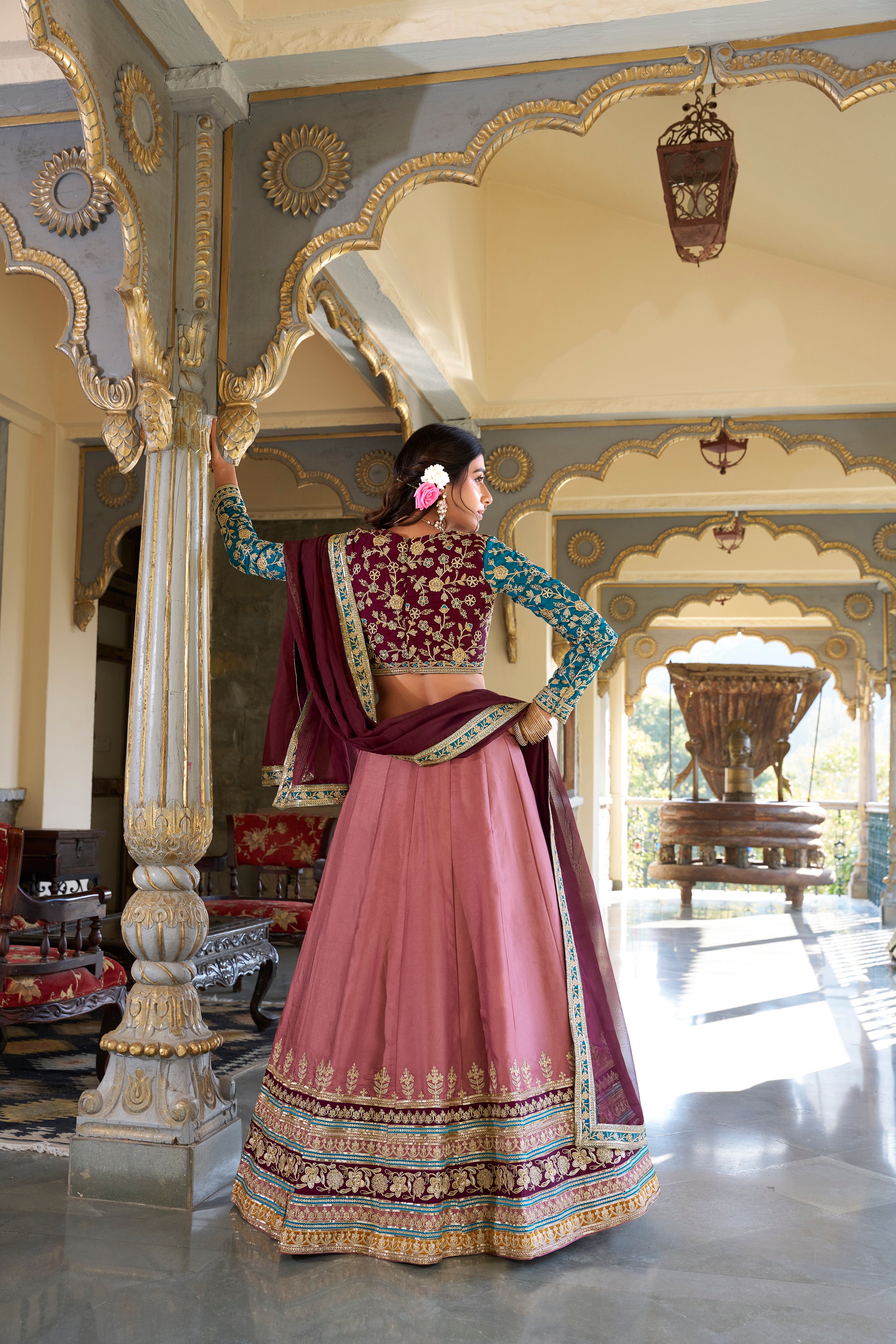 Lorenvalley Peach Moonga Silk Sequins and Thread Embroidery Work Lehenga Choli - Distacart